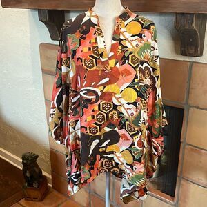 Natori IKEBANA PRINTED COTTON SILK SHIRT, L/XL!